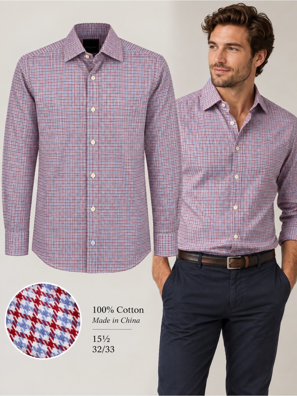 David Donahue Trim Men’s Dress Shirt 15.5 32/33 Red Blue Check 100% Cotton